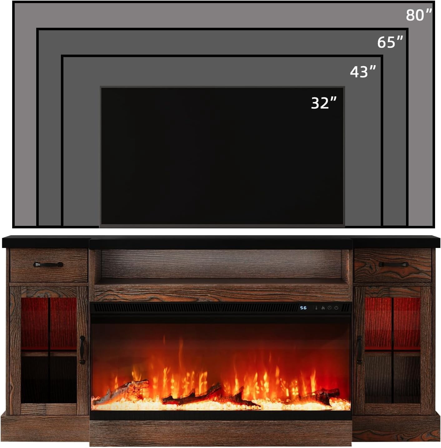 DreamCurship Fireplace TV Stand for TVs up to 80", Farmhouse TV Stand with Electric Fireplace, Glass Door Entertainment Center with Led Light, Media Console Table for Living Room, Black Brown