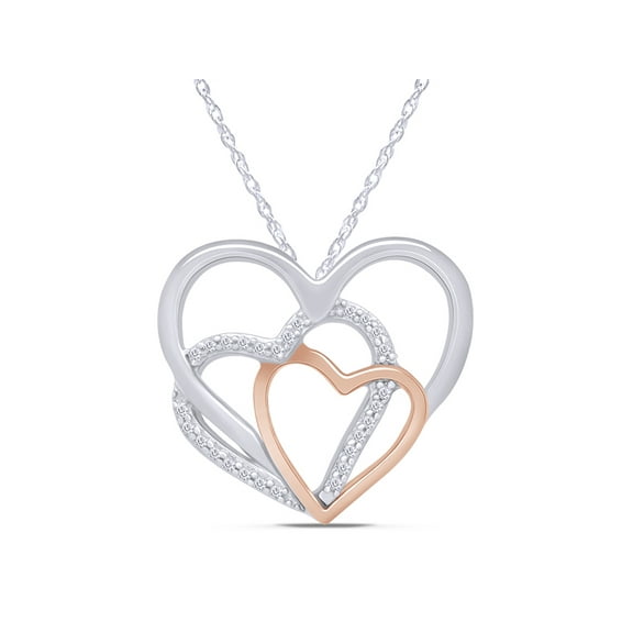 White Natural Round Diamond Accent Triple Heart Two Tone Pendant Necklace In 925 Sterling Silver and 14K White Gold With 18" Chain (I-J Color, I2-I3 Clarity)