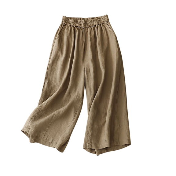 Lyrcatrment Capris Pants for Women Loose Fitted Wide Leg Elastic High Waisted Summer Trousers Flowy Soft Casual Beach Vacation Lightweight Cropped Pant with Pockets