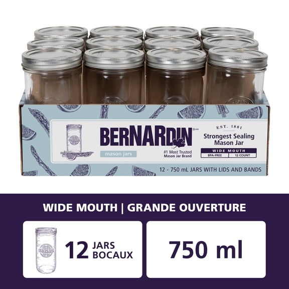 Bernardin Mason Jars, Wide Mouth, 750 mL, 12 Count