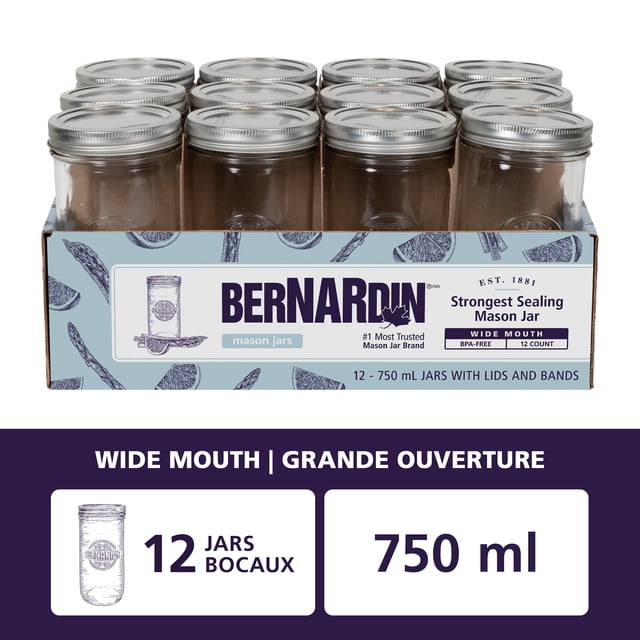 Bernardin Mason Jars, Wide Mouth, 750 mL, 12 Count set of clear glass jars with silver metal lids and bands in a branded box, ideal for preserving vegetables, sauces, and pickles, also suitable for crafting and kitchen storage.