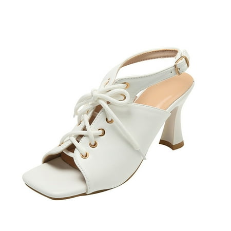 

zuwimk Womens Sandals Women Clear Block Heels Strappy Platform Sandals Ankle Strap Sandals Adjustable Buckle High Heel Shoes White