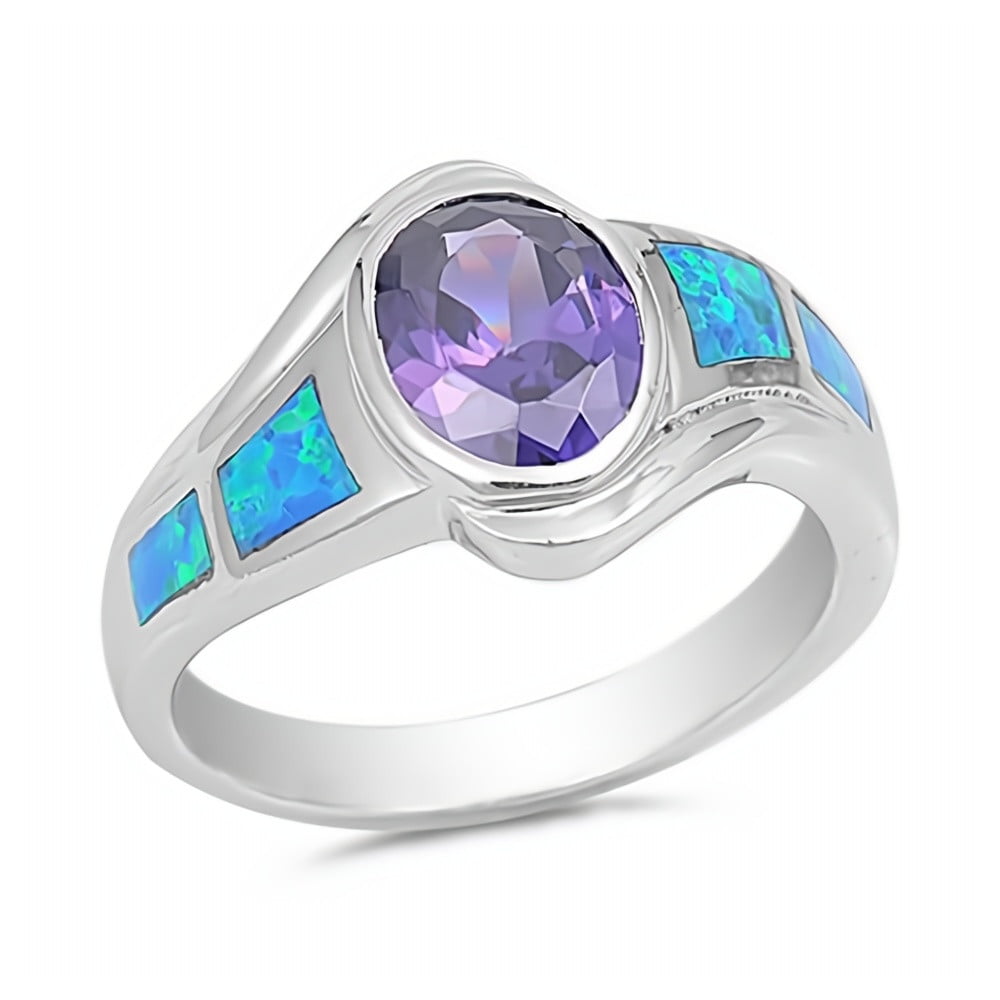 Jewelry Gift for Women Glitzs Jewels 925 Sterling Silver Created Opal Ring 