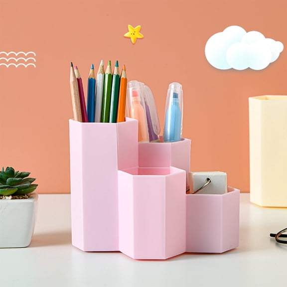 Multifunctional Desk Organizer Tray | Rotating Pen Holder | Office Supply Caddy | Art Brush & Makeup Storage | Plastic | Multiple Compartments | 1 Pc | 6.1x4.61x4.33 in | White Blue Yellow Pink