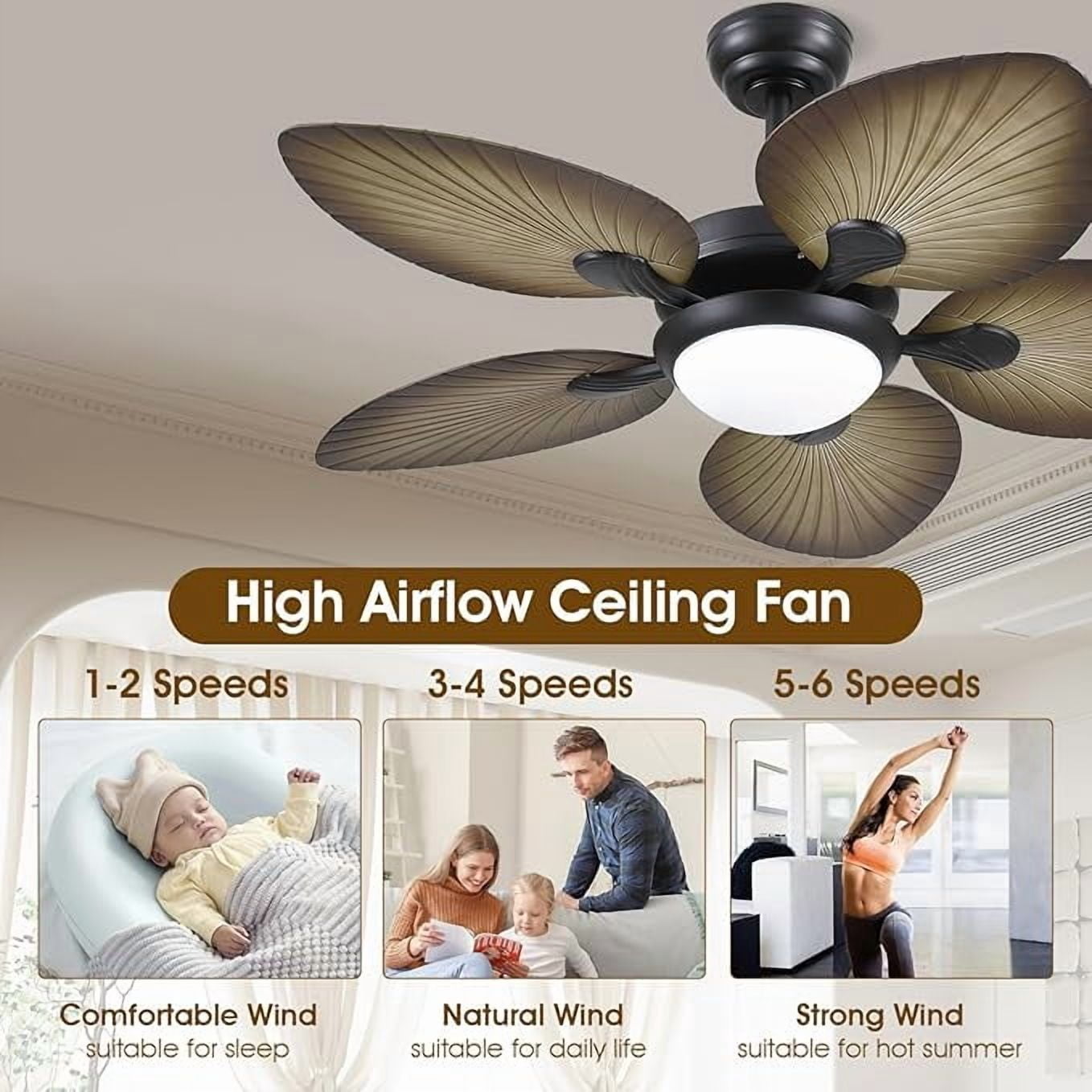 BayDay 44 Inch Tropical Palm Leaf Ceiling Fan with LED Lights, Remote/APP Control, Dimmable, Reversible Quiet Motor, Outdoor Ceiling Fan for Patio, Porch, Living Room, Bedroom, Wood Grain Finish