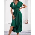 thumbnail image 6 of Womens Solid Color Overlap V Neck Batwing Sleeve Waist Pleated Long Elegant Dress Maxi Green XL, 6 of 10