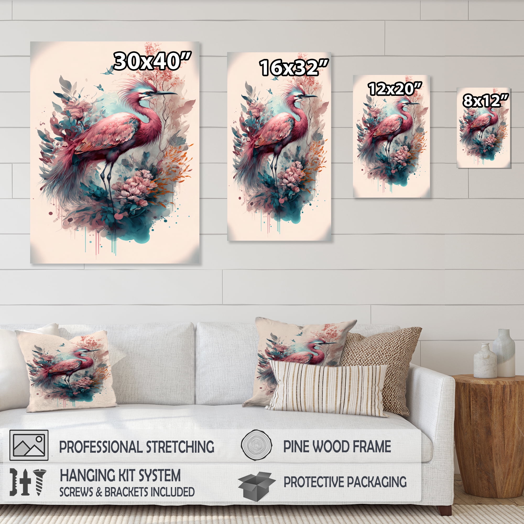 Designart Cute Heron Floral Art VII Canvas Wall Art