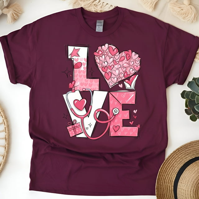 Nurse Love T-Shirt with Heart and Stethoscope Graphic, Maroon, Size 2XL