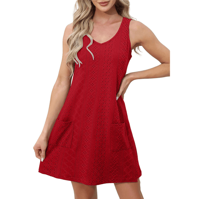 Vestido de Mujer Sin Mangas con Cuello en V y Bolsillos, Rojo, Talla XL