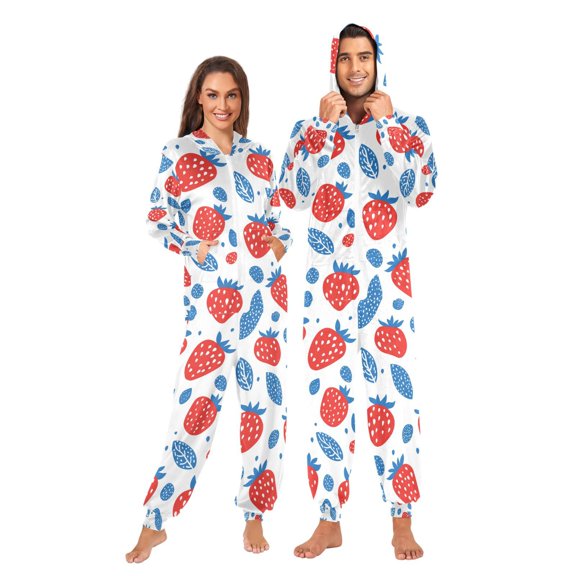 FORMRS Onesies Pajama for Adults Unisex Hoodie Winter Jumpsuit One Piece Sleepwear, Sizes S-2XL, Playful Strawberries