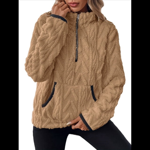 Suéter de Larga con Cremallera de un Cuarto para Mujer, Sudadera de Forro con Capucha, Sudaderas con Solapa, Suéteres Cálidos con Bolsillos. Caqui S