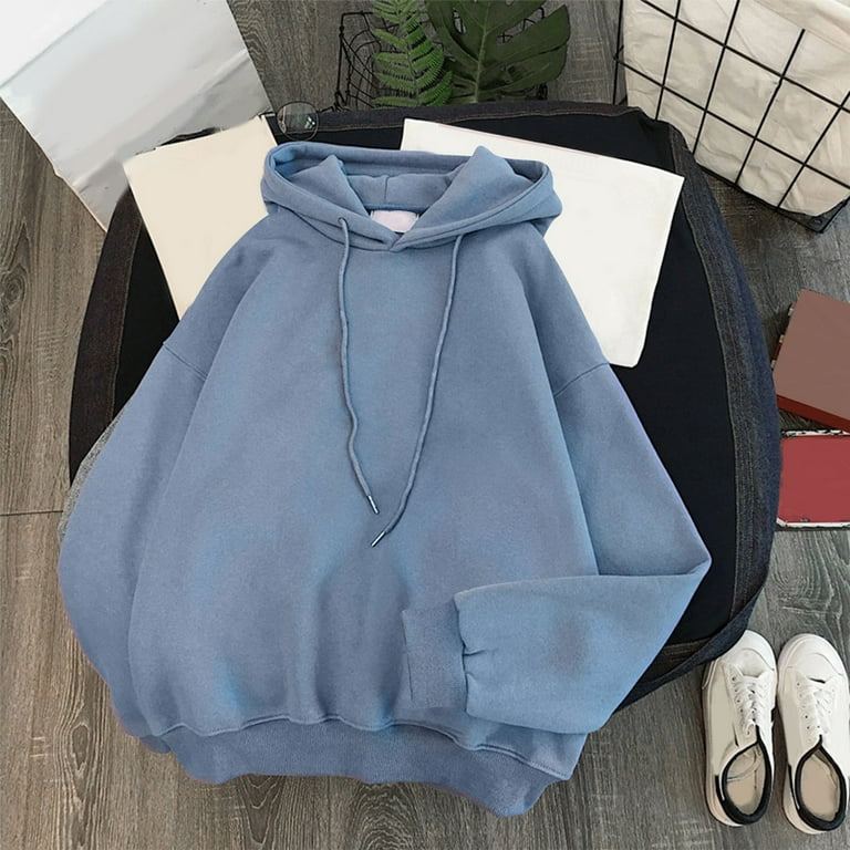 Fvwitlyh White Hoodie Women Womens Long Sleeve Cute Cat Ear Pullover Hoodie Crop Top Gothic Cold Shoulder Lace Up Y2K E-Girl Oversized Sweatshirt Blue