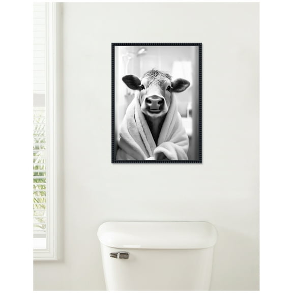 Kate and Laurel Cow Bathroom Art Towel Robe Black and White Framed Canvas Wall Art by The Creative Bunch Studio 18 x 24 Sylvie Beaded Black, Black & White, Animals, Humor Art for Wall Decor, Living