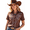 Brown, variant on Western Shirt for Women Floral Cowgirl Button Up Tee Country Concert Vintage Short Sleeve Tops Black L