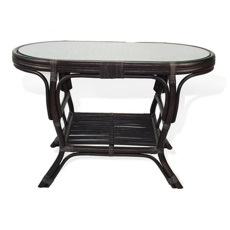 SK New Interiors Pelangi Oval Coffee Table Natural Rattan Wicker ECO Handmade Design w/ Glass Top, Dark