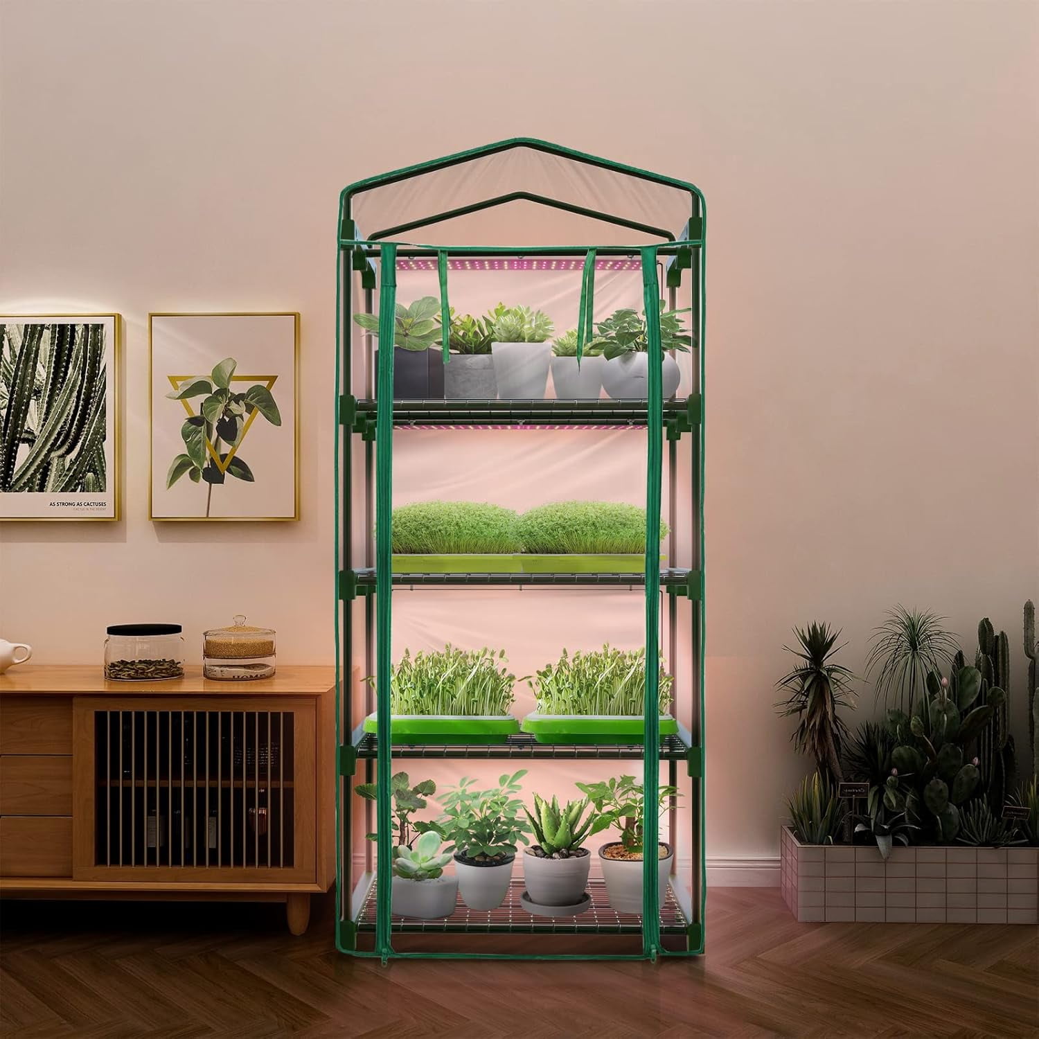 Indoor Greenhouse with Grow Lights - 4 Tiers 27.6"L×19.3"W×61.4"H Outdoor Mini Green House with Zip PVC Cover and Dimmable 15W Full Spectrum Plant Light with Timer for Seed Starting Trays