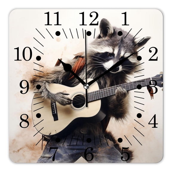 10 Inch Wall Clock Battery Operated Square Clock for Office, Kitchen, Outdoor, Living Room,Funny Raccoon with Acoustic Guitar Lovely