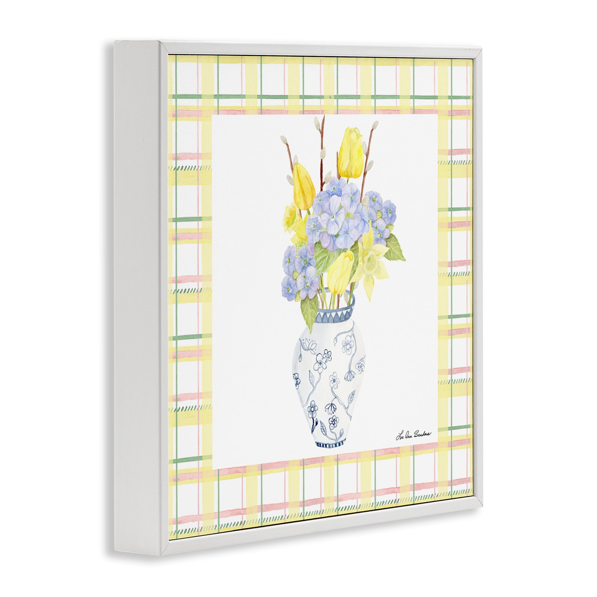 Spring Vase on Yellow Plaid White Framed Giclee Art, design by Lee Ann Sanders