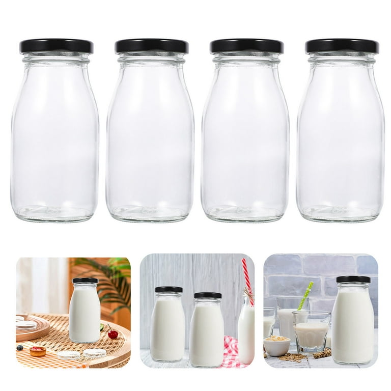 4pcs Milk Containers for Refrigerator Milk Jugs Glass Milk Bottles with  Lids 250ml 