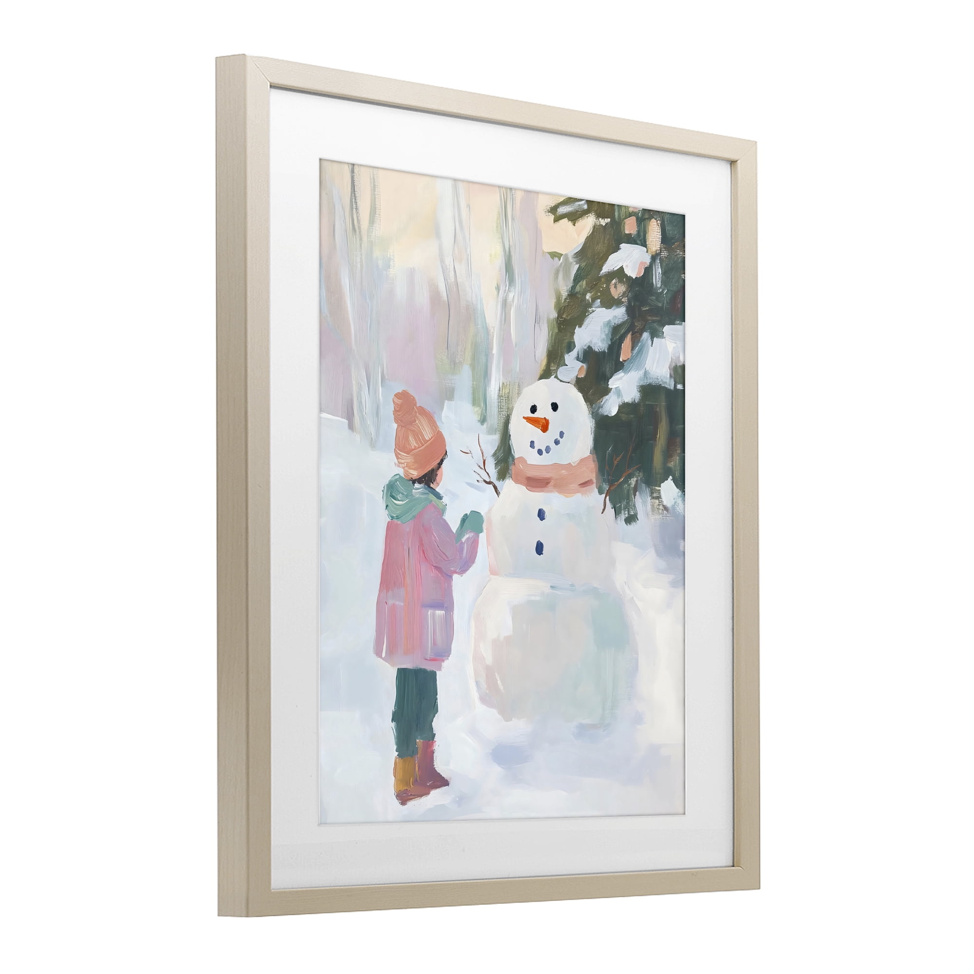 Stupell Industries Girl & Snowman in Winter Birch Framed Print Under Glass, design by The Prints Vibe