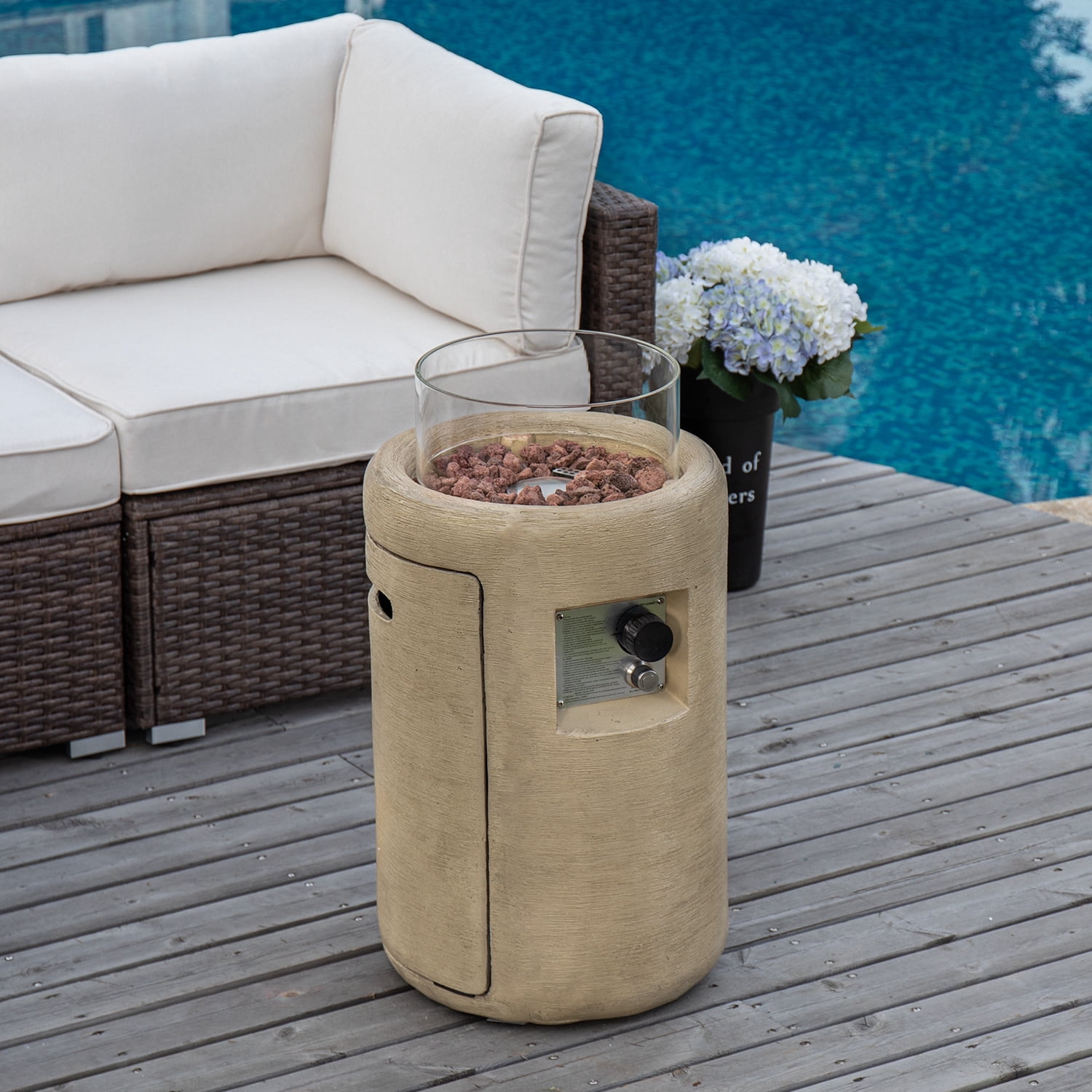 COSIEST 40,000BTU 16-inch Round Outdoor Propane Fire Pit Table w Glass Wind Guard(Apricot)