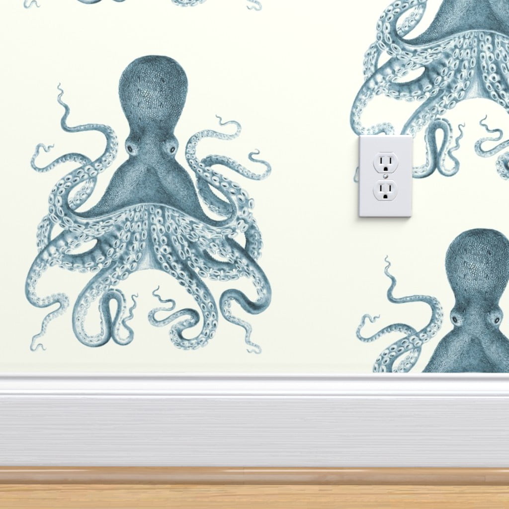 Removable Water-Activated Wallpaper Blue Octopus Ocean Cephalopod Tentacles 