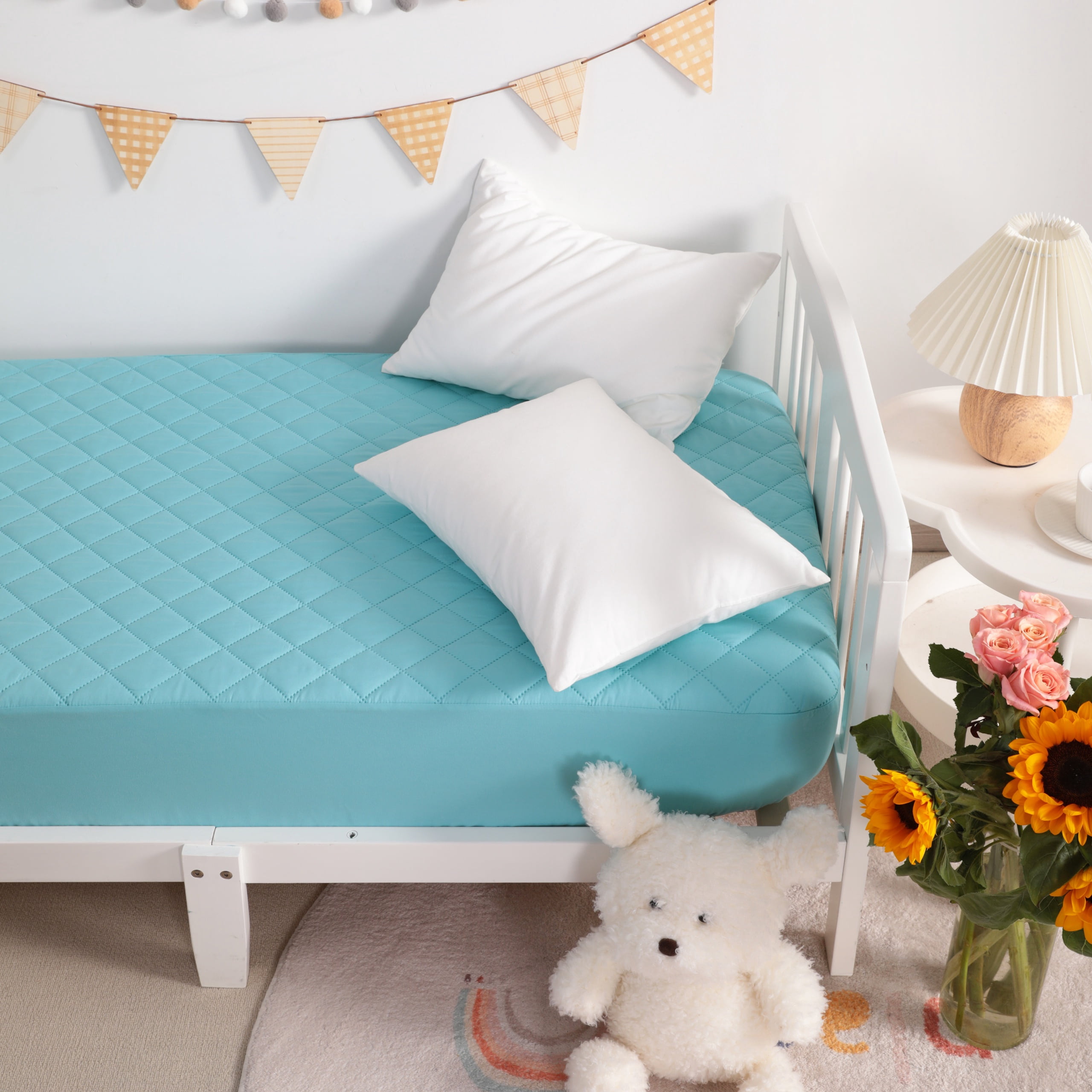 Super Soft and Quilted Toddler Waterproof Fitted Sheets Set of 2, Machine Washable Crib Mattress Protectors with Deep Pocket, Toddler-Mini, 24 x 38 Inches, Aqua Blue