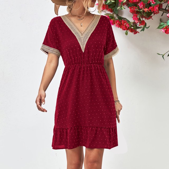 Robes pour Femmes Été 2024 Surdimensionné Printemps et Col en V Coton et Lin Décontracté Dentelle Manches Courtes Robe 50 % de Réduction Liquidation!