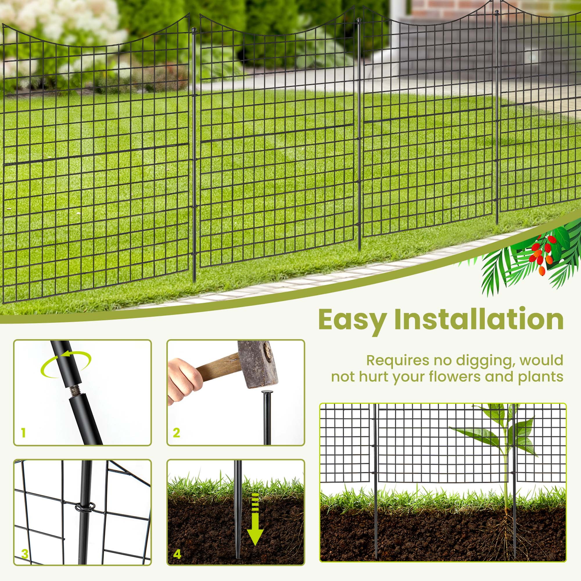 Costway 39'' Tall Outdoor Animal Barrier Decorative Garden Fence with 5 Panels & 5 Stakes