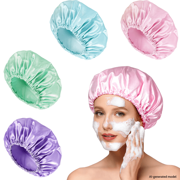 4‑Pack Satin Shower Hair Cap, Reusable Waterproof Shower Caps for Women, Soft Bath Cap, Elastic Hair Shower Cap for Shower Makeup Skincare