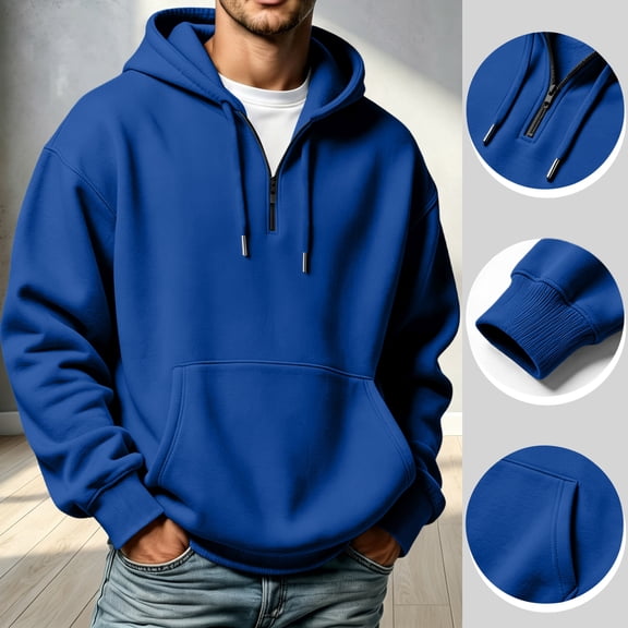 Men's Quarter Zip Pullover Hoodies Half Zip Hoodie Men Long Sleeve Hoodie Fleece Casual 1/4-Zip Sweatshirt Royal Blue L