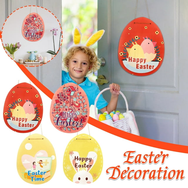 Xihbxyly Letrero Colgante de Madera de Pascua, Diseño Festivo de Conejo y Huevo, Decoración Colorida para Puerta de Pared, Decoración Interior y Exterior, Perfecto para Sala de Estar o Pasillo, 23 X