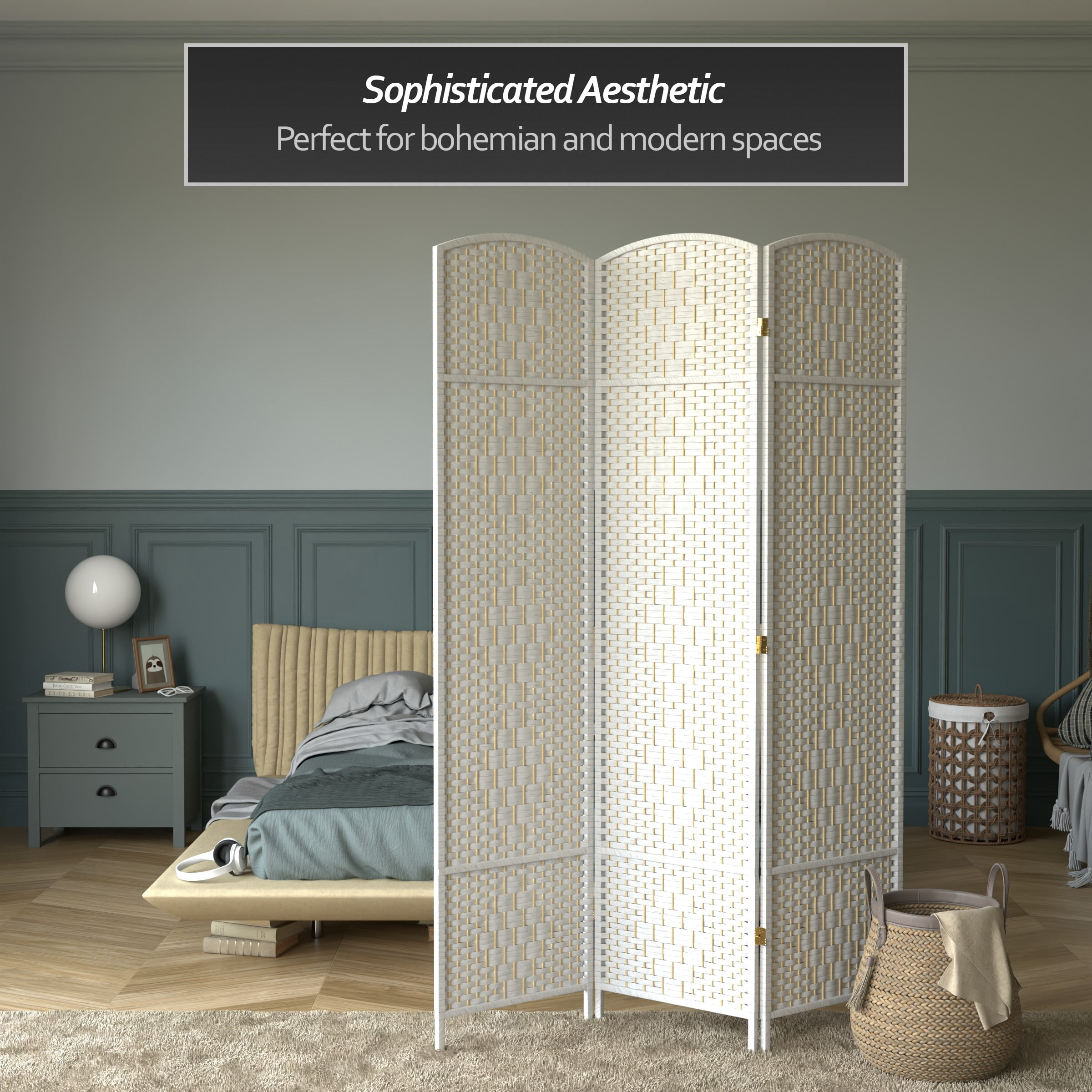 7 ft. Tall Rattan Fiber Diamond Weave Privacy Screen Room Divider - White - 3 Panels