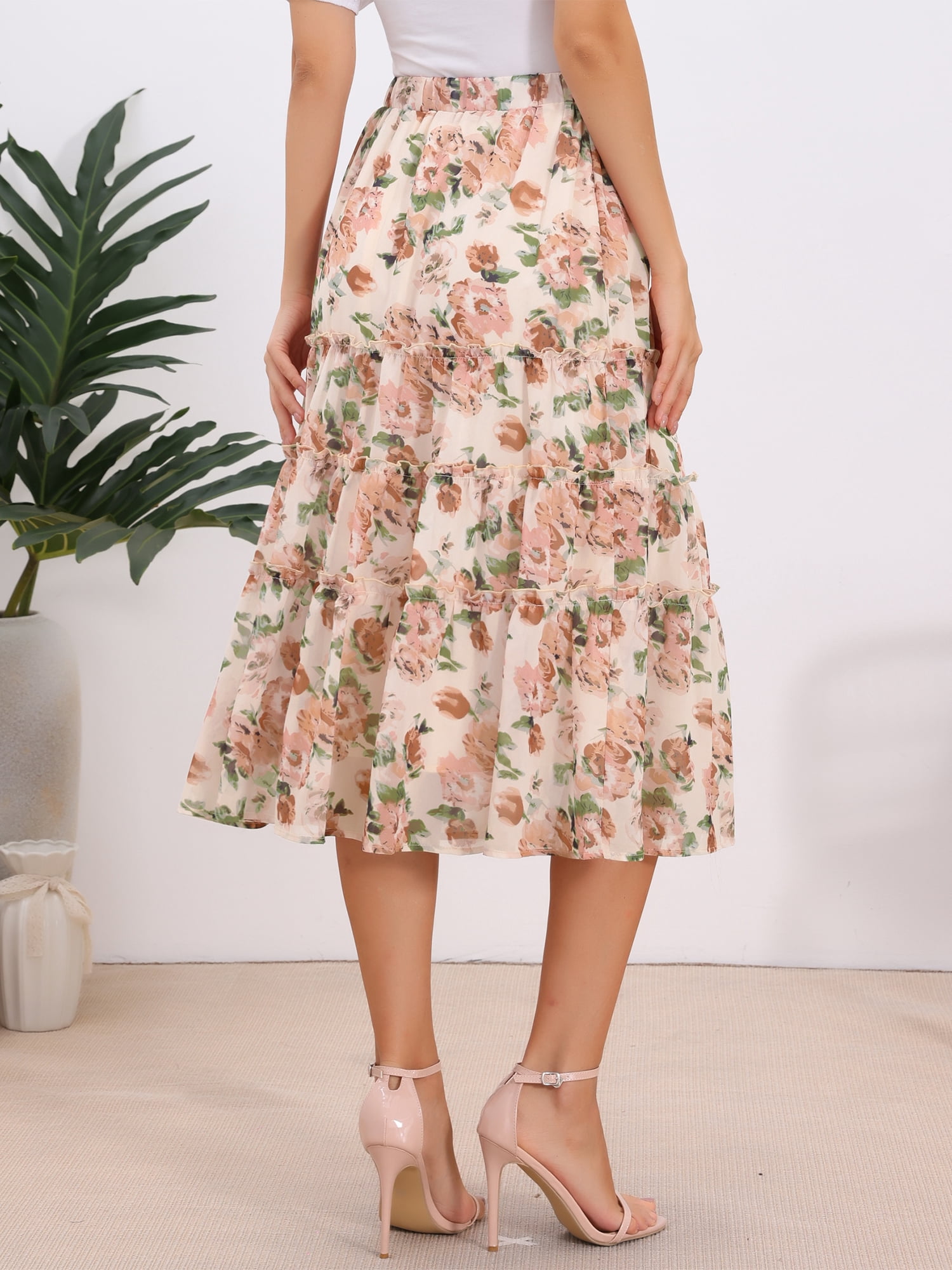 DARING DIVA Women's Floral Chiffon A-line Long Tiered Ruffle Maxi Skirt S Apricot