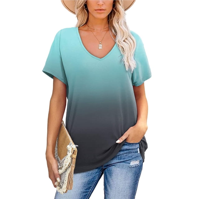 Pntutb Blusa de manga corta con cuello en V y color degradado para mujer Pntutb Pntutb-8893