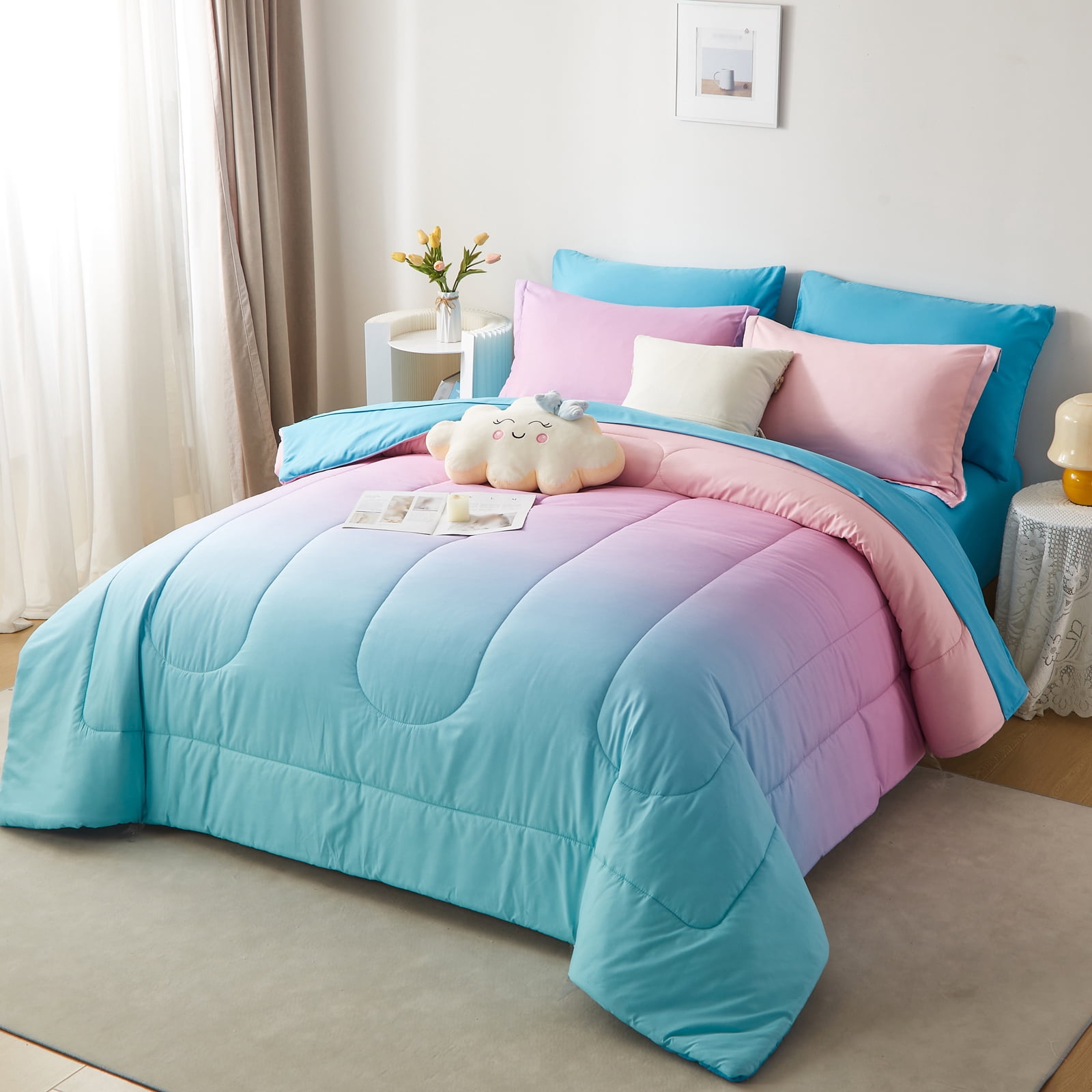 Davulos Girls Comforter Set Twin Size 5 Pieces Bed in a Bag,Rainbow Ombre Bedding Collections Microfiber Comforter Set with Sheet for Teen Women