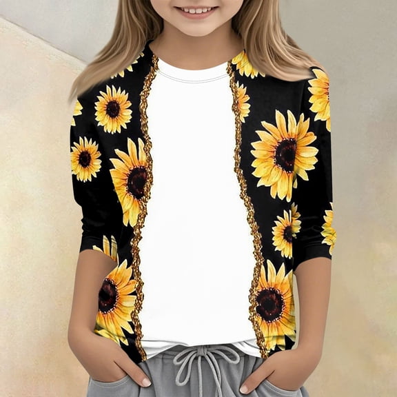 CCRFTGI Cute Tops for Kids Girls Size 10-12 Summer 3/4 Sleeve Sunflower Graphic Printed Tee Tops Trendy Loose Comdy Big Sister Outfit Crew Neck Shirts White 11-12 Years