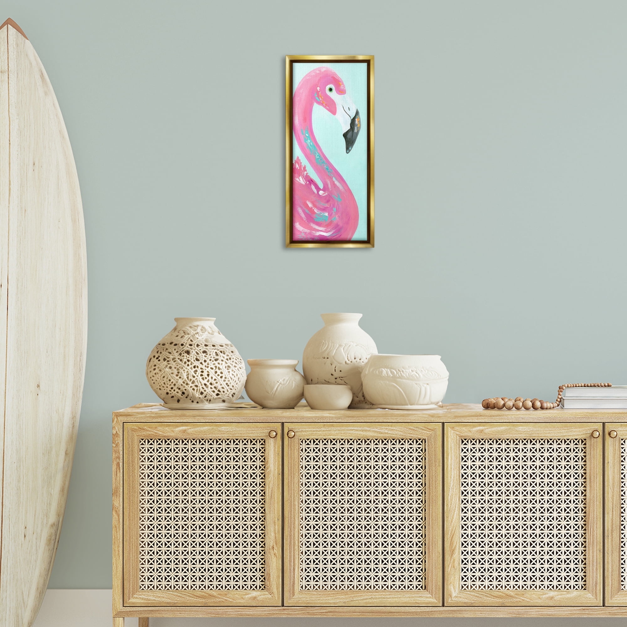 Stupell Industries Odd Flamingo Portrait Animals & Insects Painting Gold Floater Framed Art Print Wall Art, 11 x 25