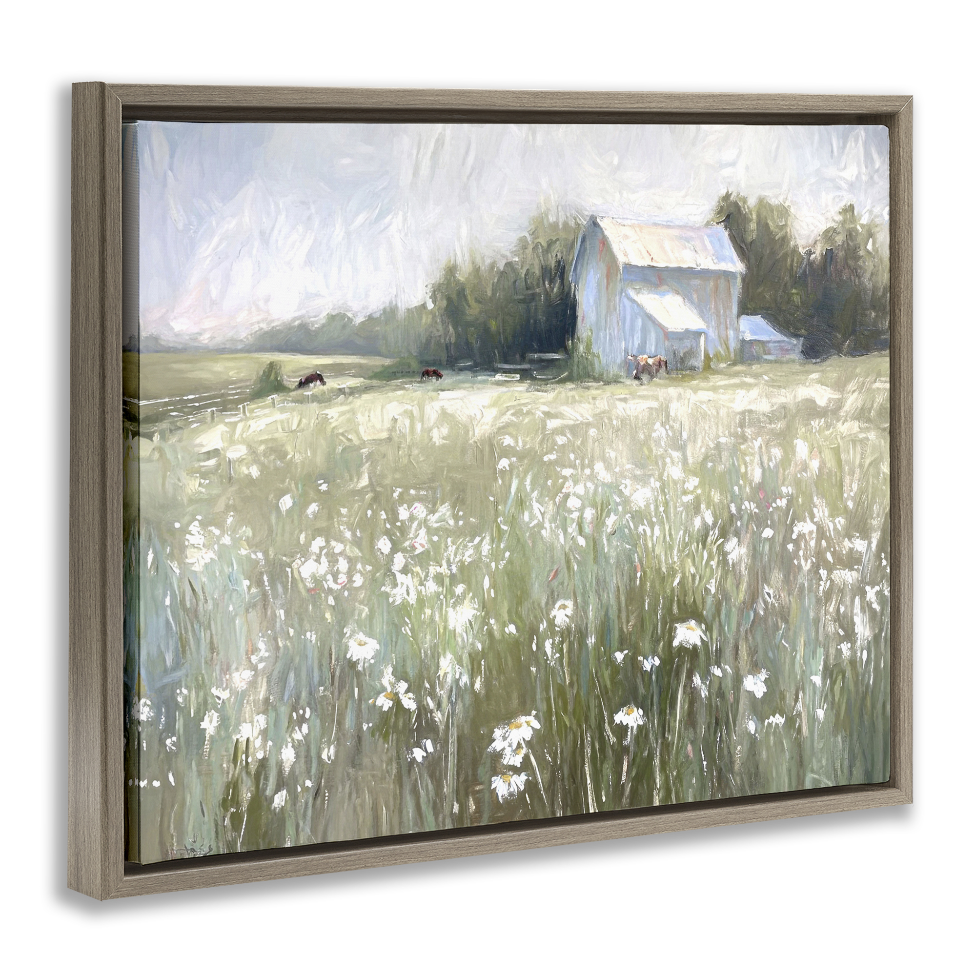 Stupell Industries Peaceful Pasture Meadow Landscape Painting Brown Floater Framed Canvas Art Print Wall Art, 21 x 17