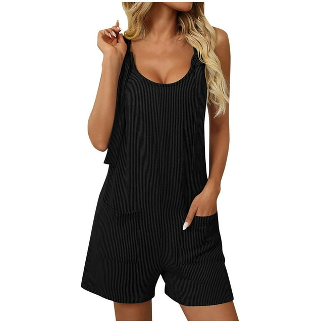 Camisetas Cortas para las Mujeres sin Mangas Cuello Redondo Sólido con Bolsillos, Casual una Pieza Romper Poliéster