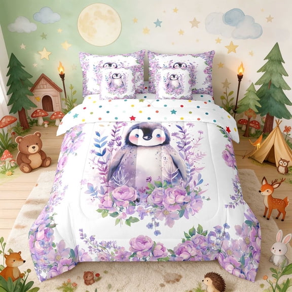 Erosebridal Penguin Twin Bedding for Girls, Purple Flowers Bedding Comforter Set, Polka Dots Reversible 7-Piece