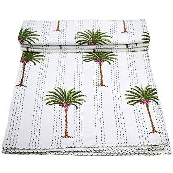 Yuvancrafts Indian Handmade Kantha Quilt Hand Block Floral Print Twin Size Kantha Bedspread Throw Quilt Blanket