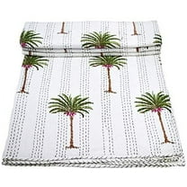 Yuvancrafts Indian Handmade Kantha Quilt Hand Block Floral Print Twin Size Kantha Bedspread Throw Quilt Blanket