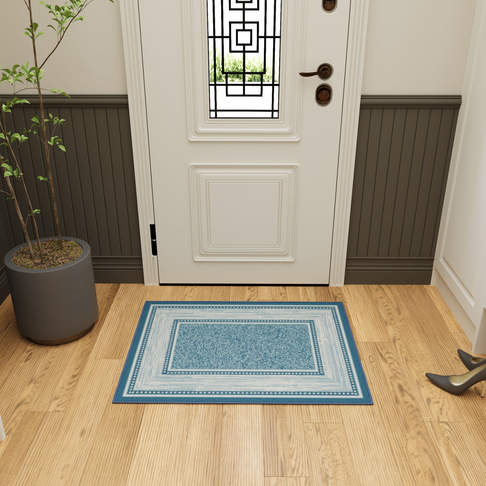 Ottomanson Border Indoor Doormat 2'3" x 3' - Non Slip Low Pile Area Rug for Entryway, Blue