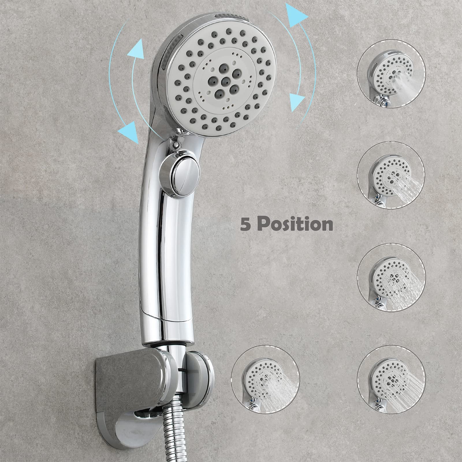 On/Off Shower Head RV ABS,High Pressure 5 Setting Hand Held Shower Head with Hose and Holder,Chrome