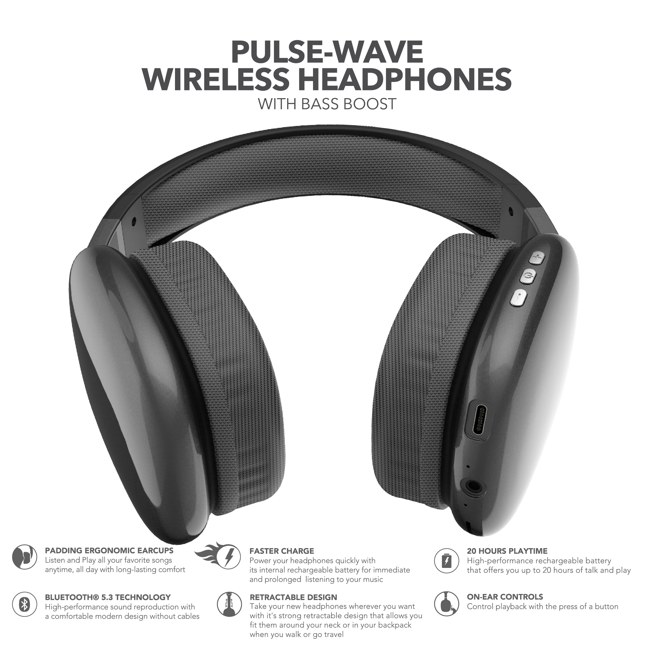RCA Wave-56 Bluetooth Headphones, 40H Playtime, Hi-Res Audio, Black