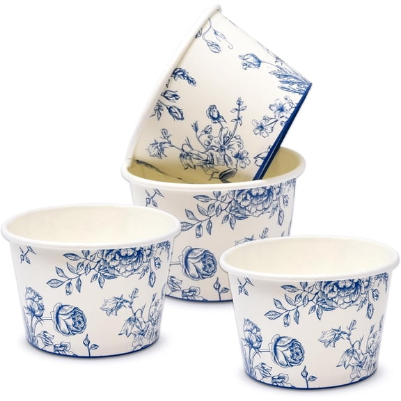 Gift Boutique Blue Floral Treat Cups 10 oz 48 Count Disposable Paper Dessert Bowls for Ice Cream Candy Snacks Frozen Treats Parties