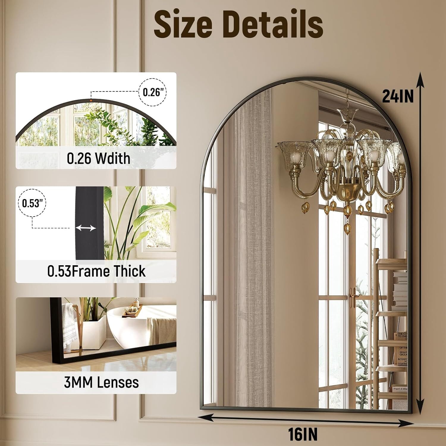 Anyrose 24"x 16" Arched Bathroom Mirror Wall Mirror, Black