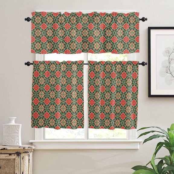 Kitchen Curtains Set, Red Turquoise Kitchen Curtains and Valances Set, Morocco Modern Geometric Ethnic Art Rod Pocket Tier Curtains 24 Inch Length for Cafe/Bedroom Windows