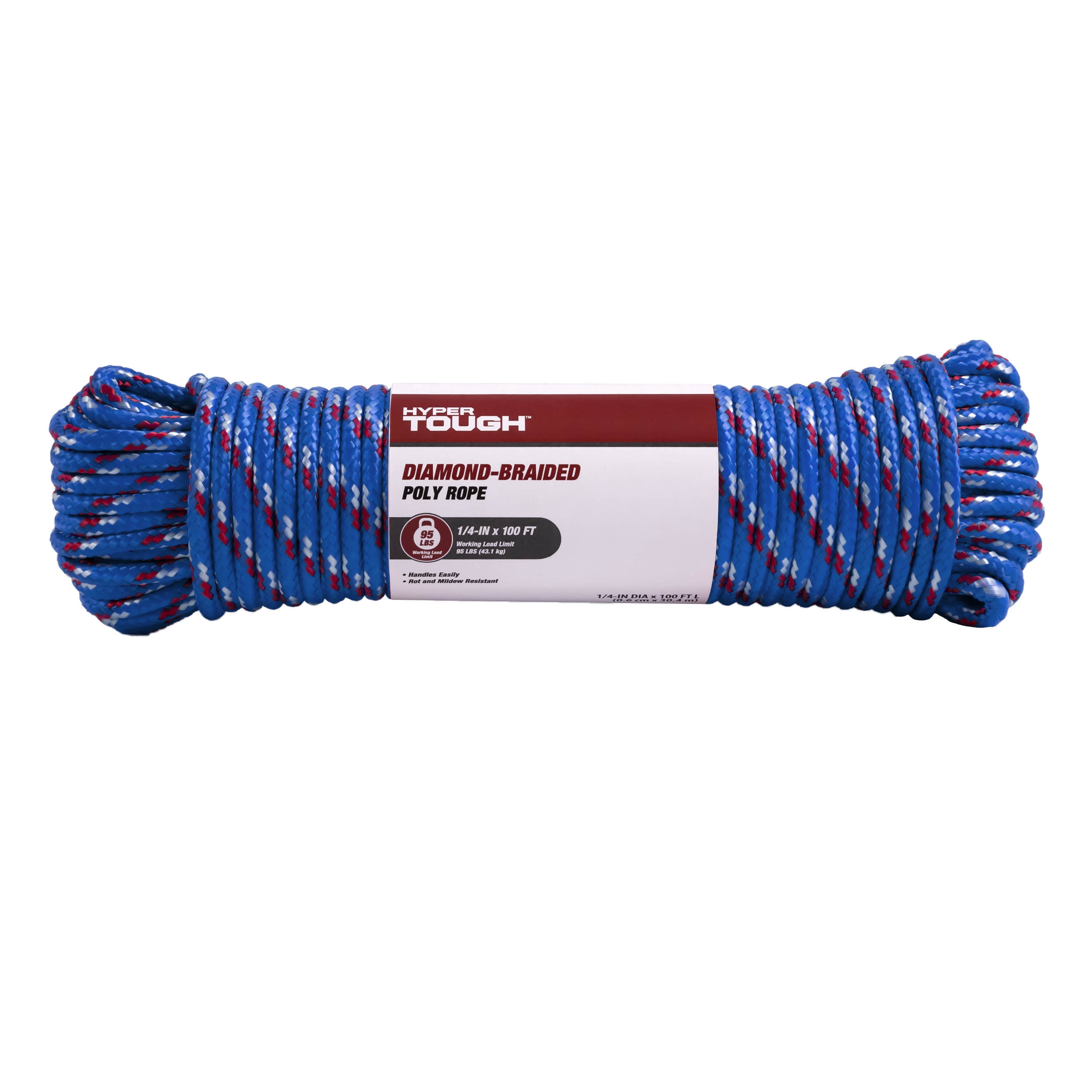 Hyper Tough 100' x 1/4" Diamond Braided Poly Rope, Multi-Color